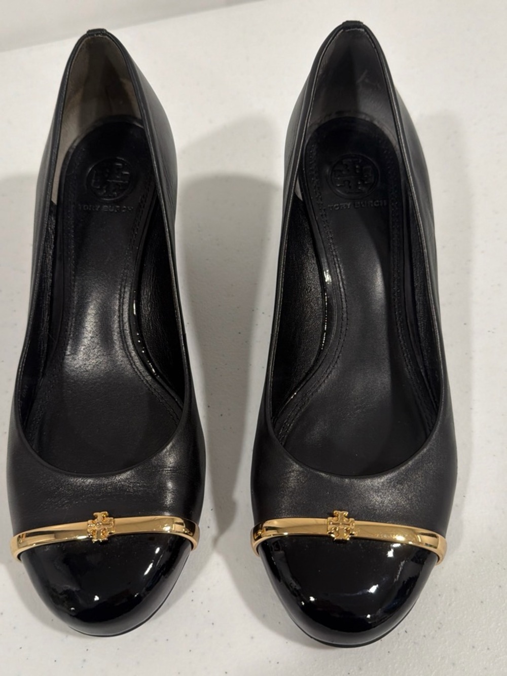 Tory Burch Black Leather Wedge Pumps with Gold Toe Bar - Picture 2 of 7